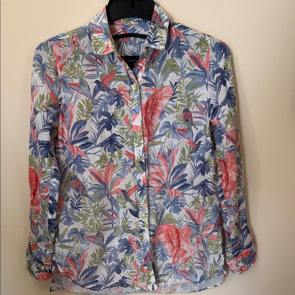 J. McLaughlin Floral Button Down Floral Shirt - Red, Blue, Green 100%Linen XS